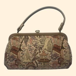 1960s Vintage Asian Scene Tapestry Handbag with Taupe Trim and Gold Frame